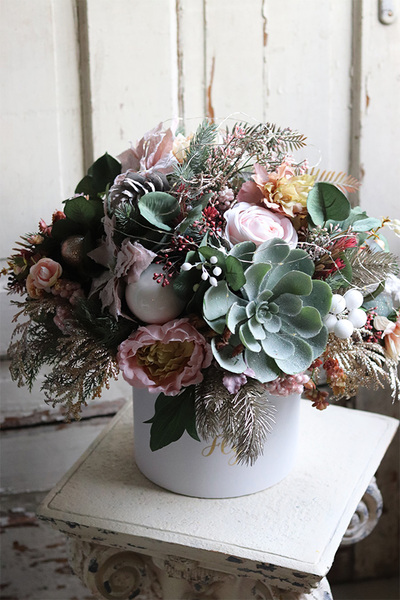 flowerbox świąteczny z sukulentem, Pink Premium Deluxe, wys.50cm