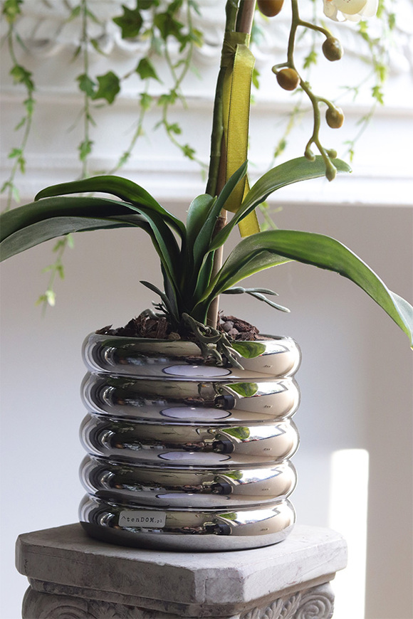 Silver Trena, sztuczny storczyk w lustrzanej donicy