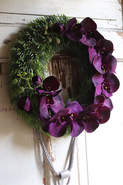 asymetryczny wianek z chwostem, Orchidelia Oberżyna, śr.42cm  