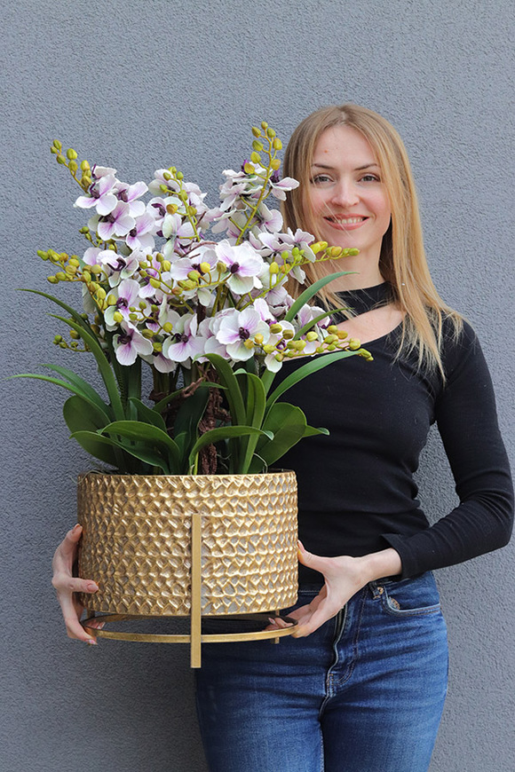 Goldenario Ellie 2, biały gumowy storczyk w złotej donicy