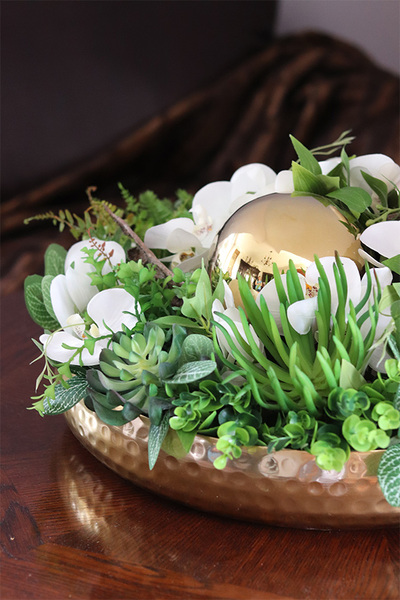 Goldenito Dekoria, kompozycja ze storczykiem w złotej misie, wym.29x54cm