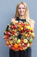 Pomarańczowa Jesień, asymetryczny jesienny wianek z muchomorami, śr.38cm