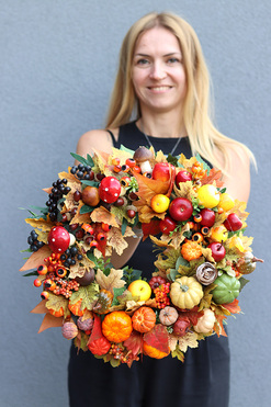 Pomarańczowa Jesień, asymetryczny jesienny wianek z muchomorami, śr.38cm