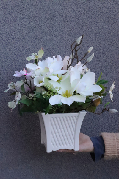 Magnolie Santi, kompozycja kwiatowa w naczyniu