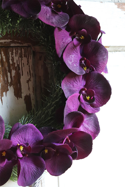 asymetryczny wianek z chwostem, Orchidelia Oberżyna, śr.42cm  