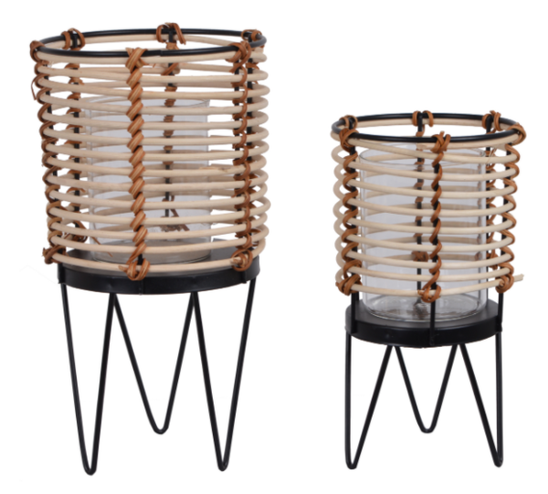 Boho B, duży, stylowy rattanowy świecznik na metalowym stelażu, wym.14x14x28cm