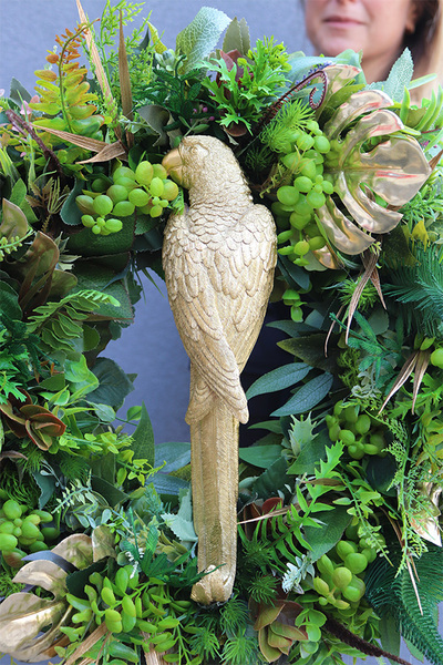 bogaty zielony wianek z monsterą, Złota Papuga Jungle, śr.50cm