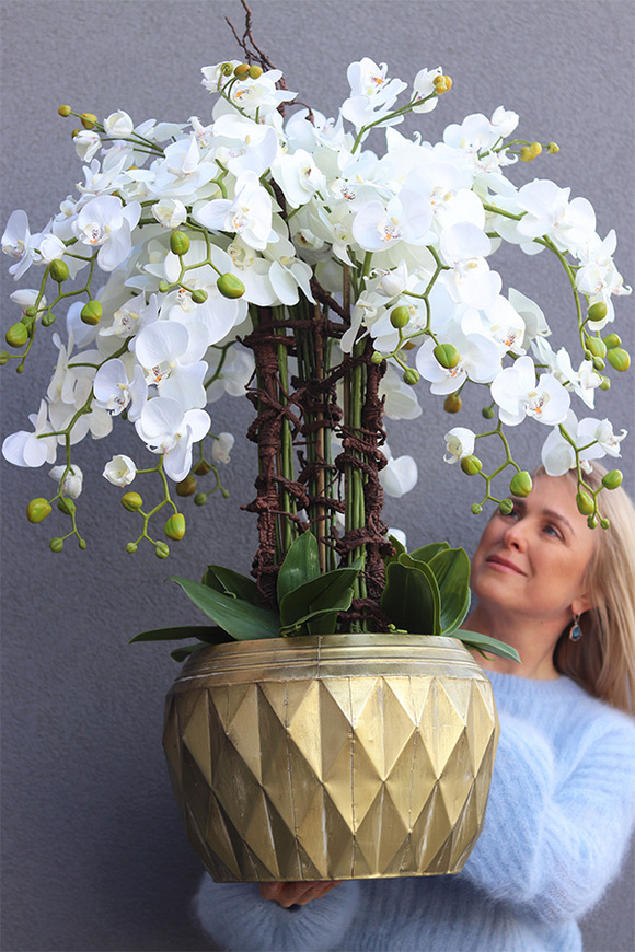 GoldLine Freria, sztuczny storczyk w złotej donicy