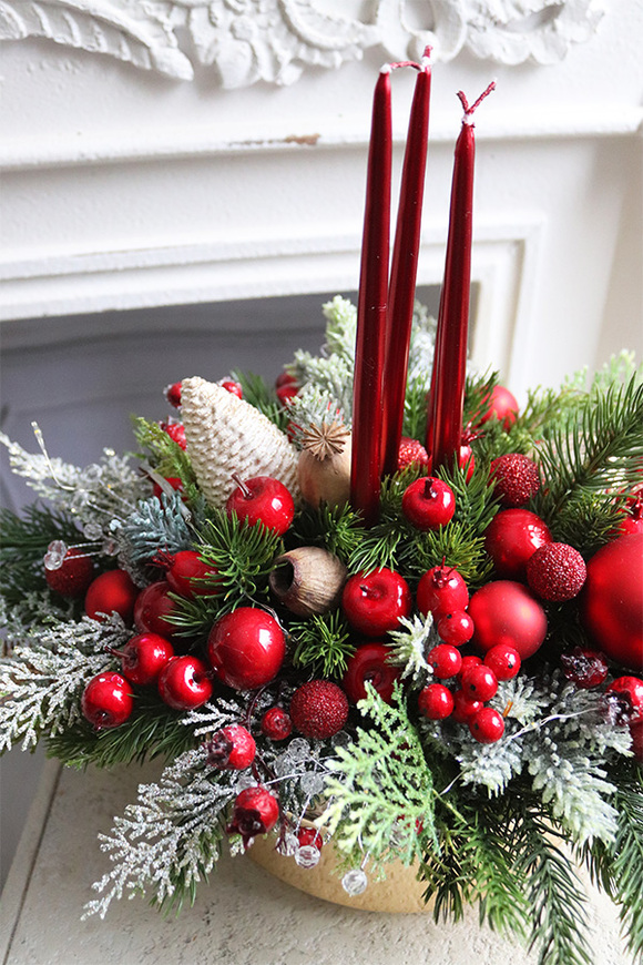 Red&Gold Xmas, adwentowy stroik świąteczny LED, wym.35x48cm