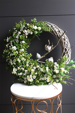 Ptaszki na gałęzi, wiosenny wianek dekoracyjny, rozp.55cm 