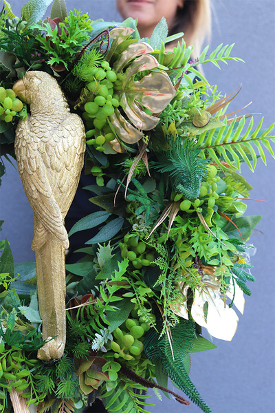 bogaty zielony wianek z monsterą, Złota Papuga Jungle, śr.50cm