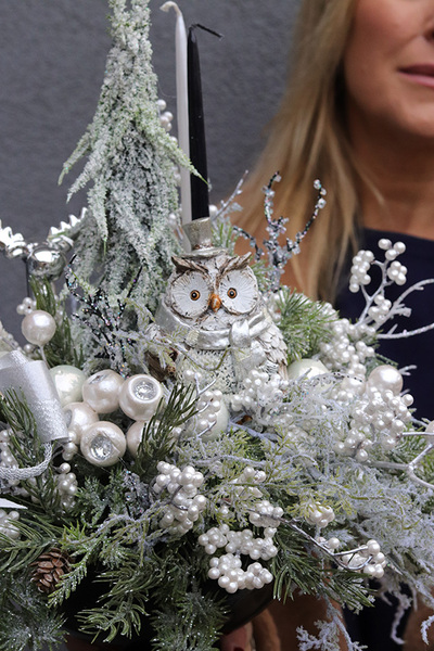 Pod Zimowym Lasem, stroik świąteczny z sową