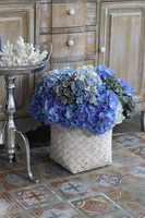 Fortuna Blue, hortensje w plecionym koszu, wys.54cm