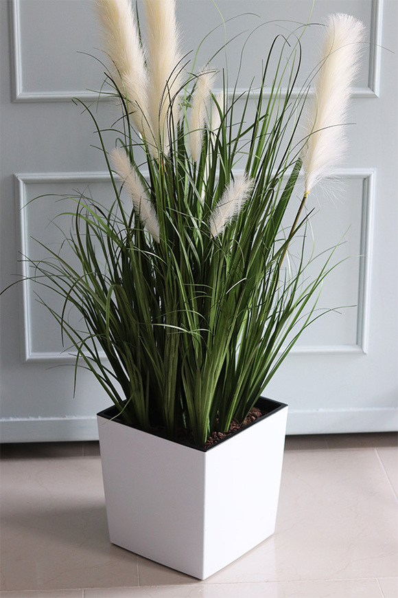 Dania Cube White, kompozycja z traw pampasowych w kwadratowej donicy, wys.118cm