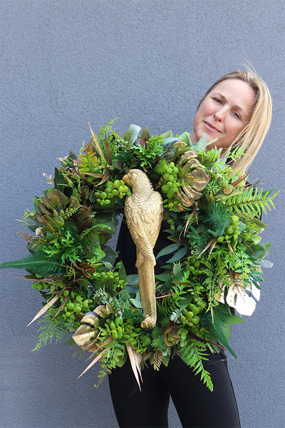 bogaty zielony wianek z monsterą, Złota Papuga Jungle, śr.50cm