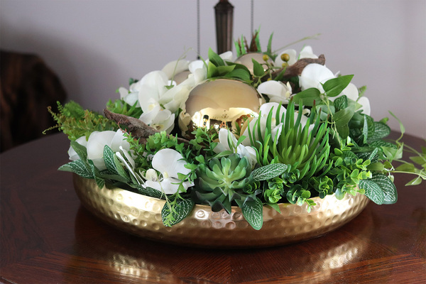 Goldenito Dekoria, kompozycja ze storczykiem w złotej misie, wym.29x54cm