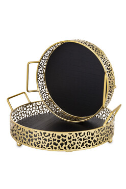Wild Gold B, dekoracyjna taca ze drewnianym blatem, kpl.2szt, śr.25/30cm