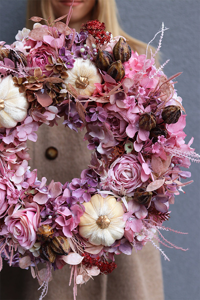 Deco Pumpkins Velvet, jesienny wianek z dyniami