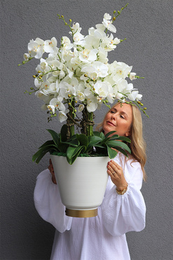 Pale Moon, biały sztuczny storczyk w białej donicy, wys.100cm