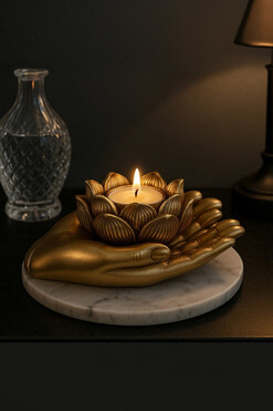 Lotos Zen, złoty świecznik dłonie, wym.11.5x 9.4x4.8cm