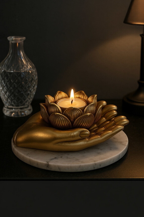 Lotos Zen, złoty świecznik dłonie