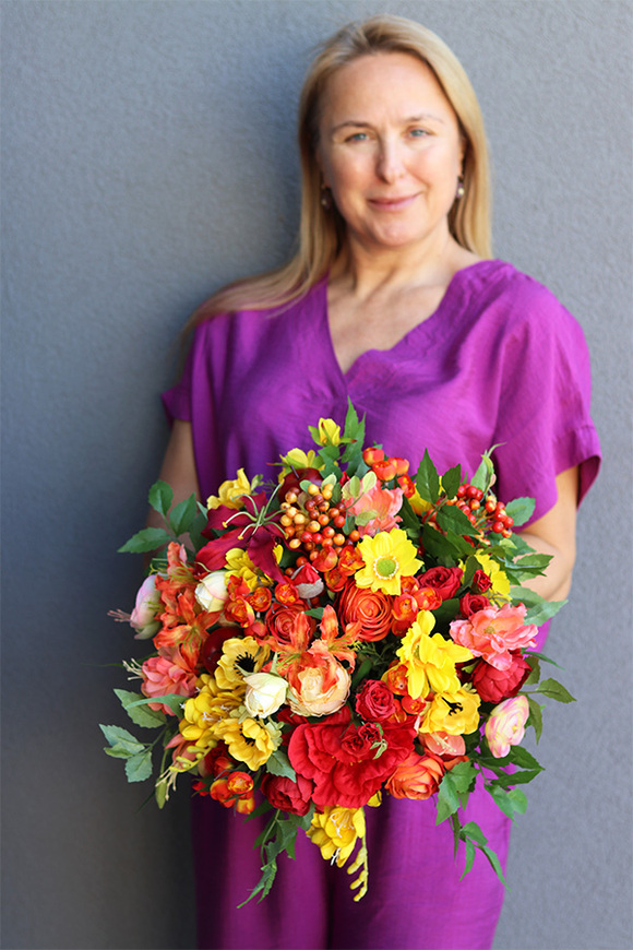 Kolorowe Kwiaty Glamour, jesienna kompozycja w misie