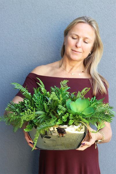 Goldie Greena, kompozycja z sukulentami w donicy glamour