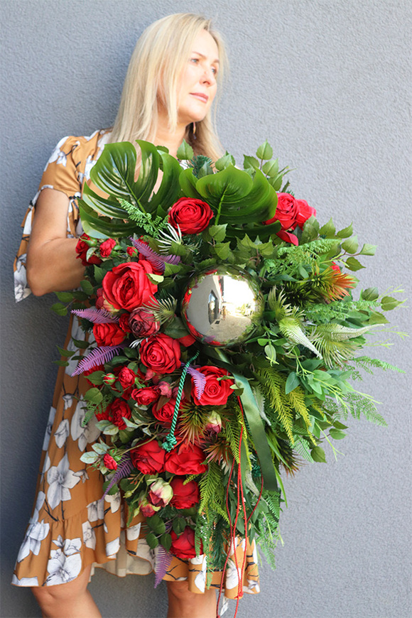  Srebrna Perła Red, wiązanka nagrobna z kulą, dł.80cm