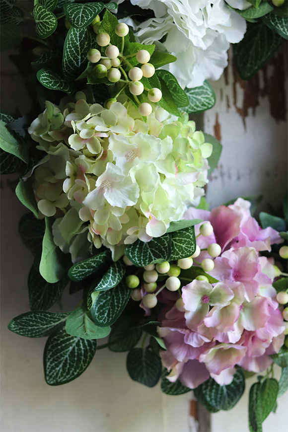 Hortena, kolorowy wianek z hortensjami, śr.50cm 