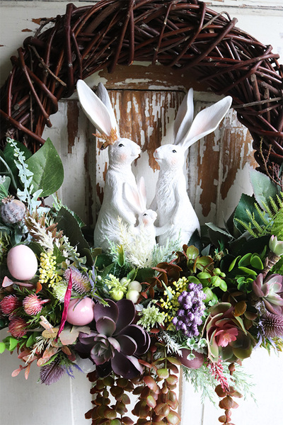 uroczy wielkanocny wianek, Zajęcza Rodzinka, śr.42cm