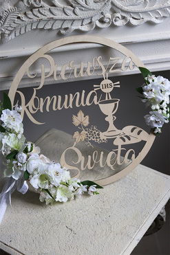 Pierwsza Komunia Święta, wianek dekoracyjny z napisem, śr.40cm