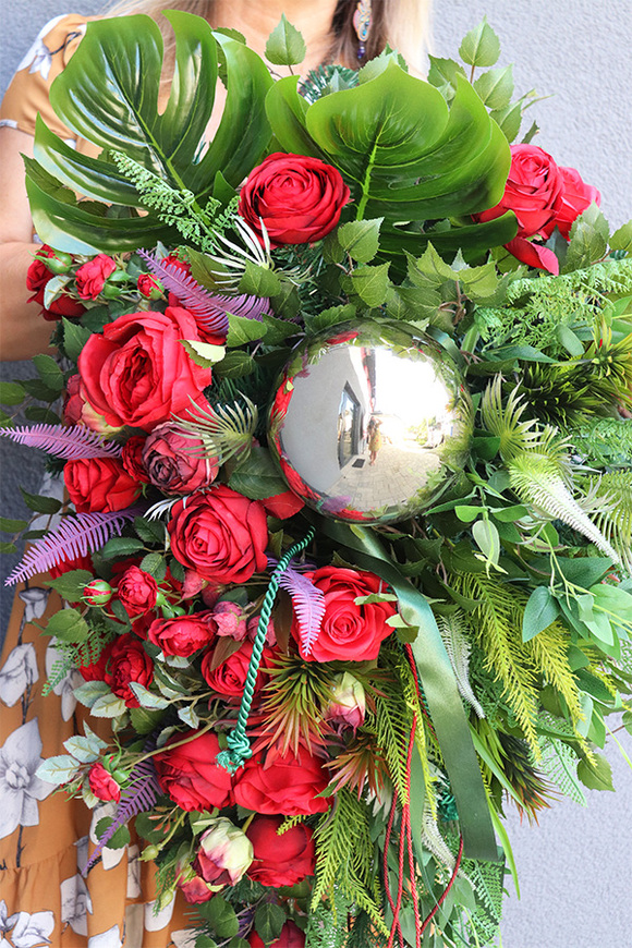  Srebrna Perła Red, wiązanka nagrobna z kulą, dł.80cm