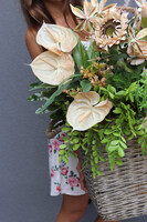 Bohema, kompozycja z anturium i słonecznikiem w koszu