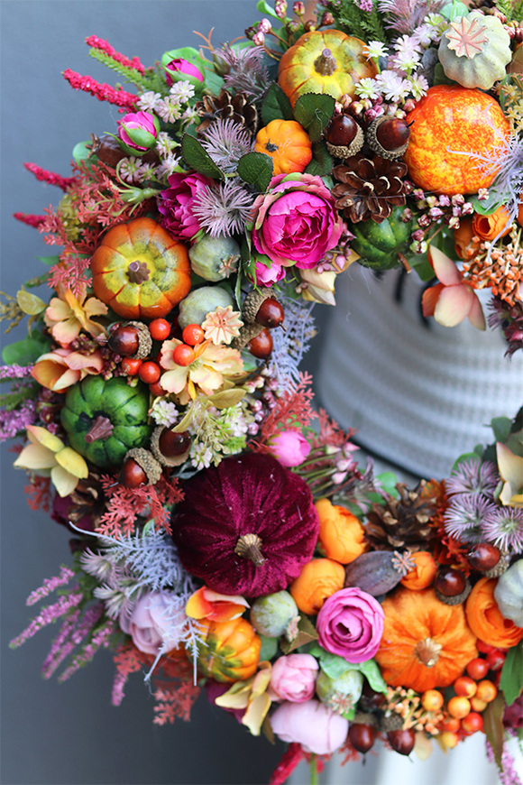 Leorie jesienny wianek z aksamitnymi dyniami, śr.46cm