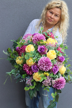 Yellow Cardia, fioletowo-żółta wiązanka nagrobna, dł.60cm