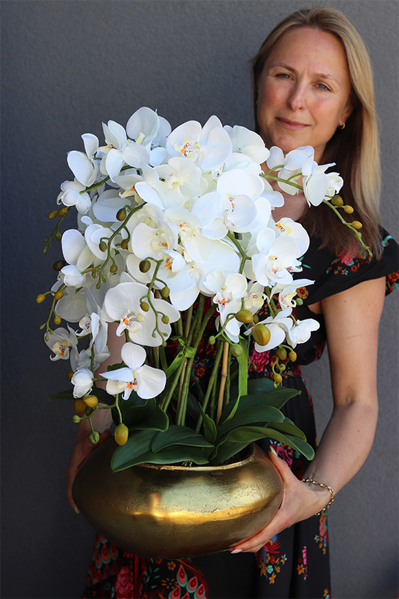 Deluxe Gold B, sztuczny storczyk w złotej donicy, wys.63cm