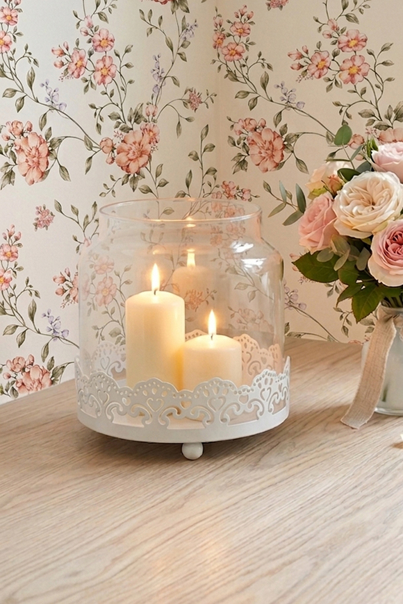 Romantic, lampion szklany z podstawką