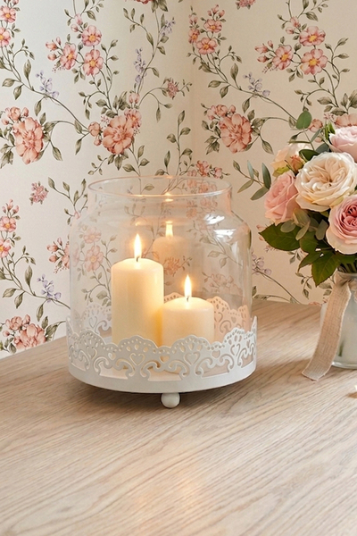 Romantic, lampion szklany z podstawką