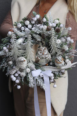 Zimowa Sówka, świąteczny wianek z sową, śr.35cm