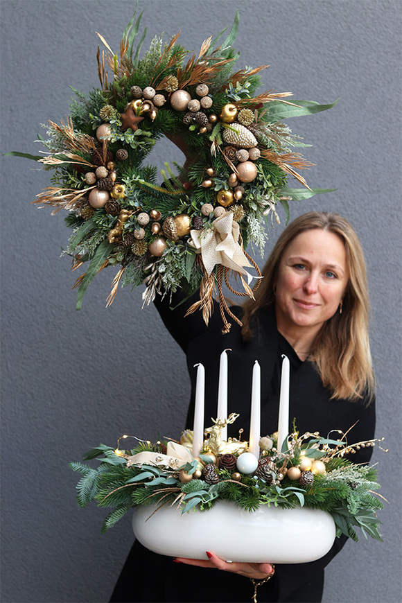 komplet dekoracji świątecznych, Złota Kraina, wianek + stroik  