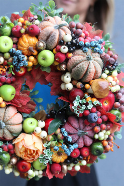 Dyniowe Szaleństwo, wianek jesienny z owocami, śr.36cm  