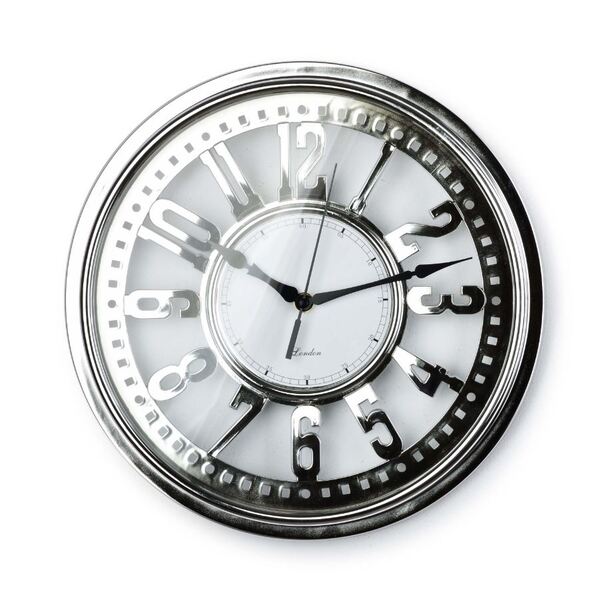 Hour 2, srebrny zegar ścienny, śr.32cm 