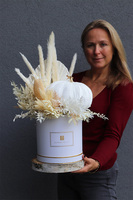 Velurowa Dynia, jesienny flowerbox na plastrze drewna, M