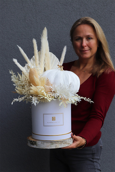 Velurowa Dynia, jesienny flowerbox na plastrze drewna, M