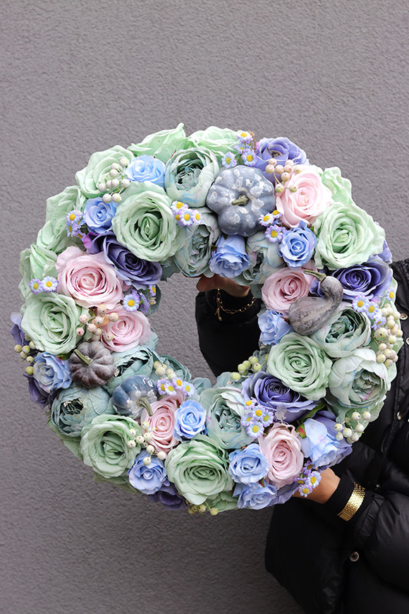 Pumpkin Blue, niebieski jesienny wianek z dyniami	