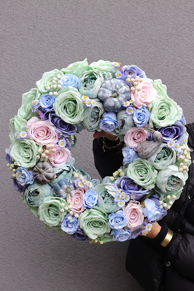 Pumpkin Blue, niebieski jesienny wianek z dyniami	