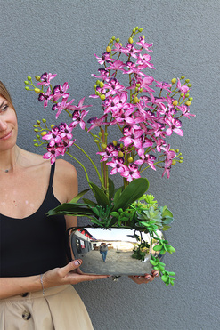 Emma Pink, sztuczny storczyk w srebrnej doniczce, wys.66cm