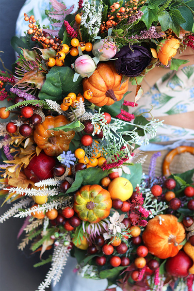 Jesienna Melona, jesienny wianek z dyniami