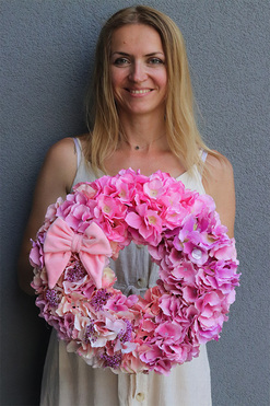 Różowa Kokarda Plushie, różowy wianek z hortensji, śr.37cm