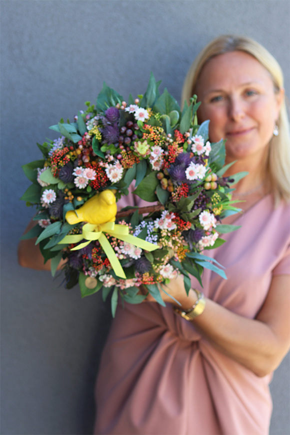 Żółty Ptak, wianek dekoracyjny z ptaszkiem